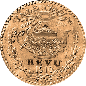 Emblema de REVU 1910: una tetera y una taza grabadas en relieve